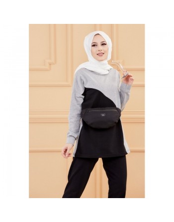 Ensemble moderne bicolore pour femme (Vêtement hijab style sport) - Couleur noir et gris 