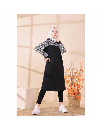 Tunique avec capuche bicolore (Vêtement moderne pour femme voilée - Collection) - Couleur noir et blanc 