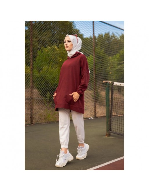 Sweat ample à capuche pour femme imprimé au dos "I am where are you?" (Tenue Sport pour Hijab) - Couleur Bordeaux Sweat ample à capuche pour femme imprimé au dos "I am where are you?" (Tenue Sport pour Hijab) - Couleur Bordeaux
