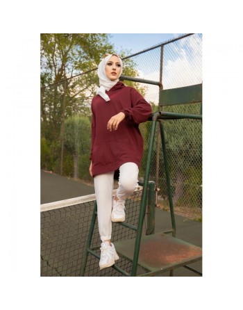Sweat ample à capuche pour femme imprimé au dos "I am where are you?" (Tenue Sport pour Hijab) - Couleur Bordeaux 