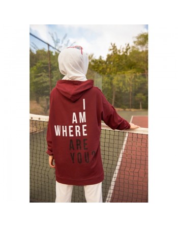 Sweat ample à capuche pour femme imprimé au dos "I am where are you?" (Tenue Sport pour Hijab) - Couleur Bordeaux 
