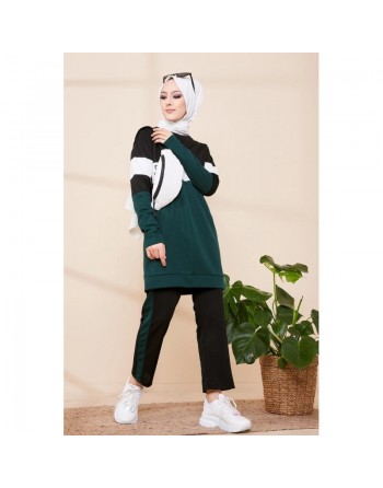Ensemble survêtement décontracté 2 pièces de couleur noir et vert émeraude pour femme (Vêtement de sport pour Hijab) 