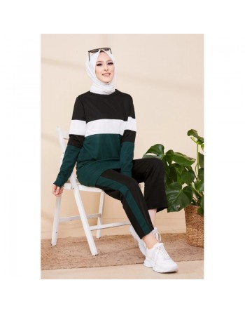 Ensemble survêtement décontracté 2 pièces de couleur noir et vert émeraude pour femme (Vêtement de sport pour Hijab) 