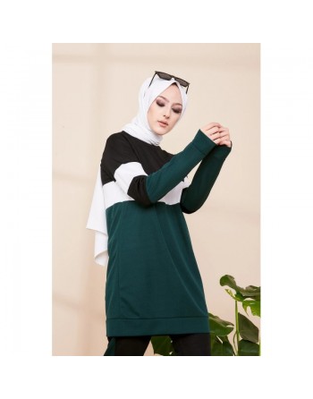 Ensemble survêtement décontracté 2 pièces de couleur noir et vert émeraude pour femme (Vêtement de sport pour Hijab) 