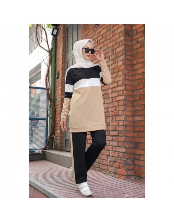 Ensemble survêtement décontracté 2 pièces (haut et bas) de couleur noir et beige (Vêtement turque pour femme) 