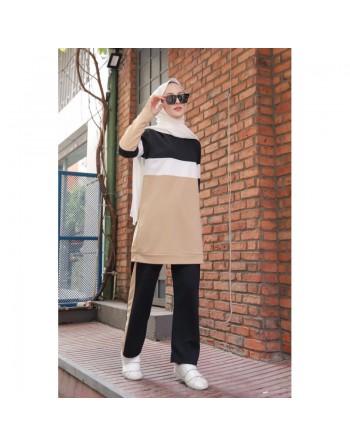 Ensemble survêtement décontracté 2 pièces (haut et bas) de couleur noir et beige (Vêtement turque pour femme) 