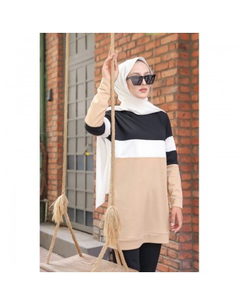 Ensemble survêtement décontracté 2 pièces (haut et bas) de couleur noir et beige (Vêtement turque pour femme) 