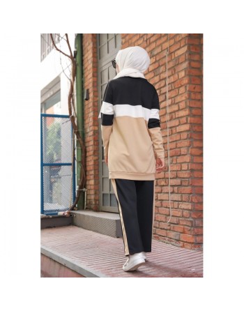 Ensemble survêtement décontracté 2 pièces (haut et bas) de couleur noir et beige (Vêtement turque pour femme) 