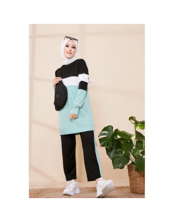 Ensemble survêtement 2 pièces de couleur noir et menthe (Boutique en ligne de Vêtement turque pour femme) 