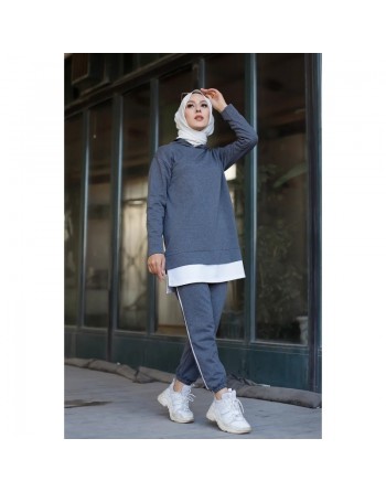 Survêtement femme deux pièces (Tenue moderne pour hijab) - Couleur gris foncé et blanc 