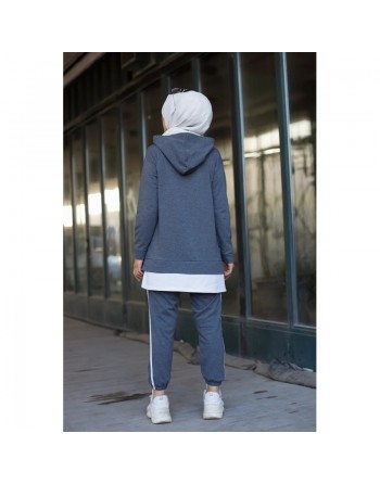 Survêtement femme deux pièces (Tenue moderne pour hijab) - Couleur gris foncé et blanc 