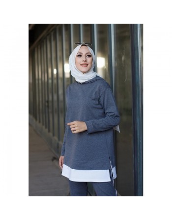 Survêtement femme deux pièces (Tenue moderne pour hijab) - Couleur gris foncé et blanc 