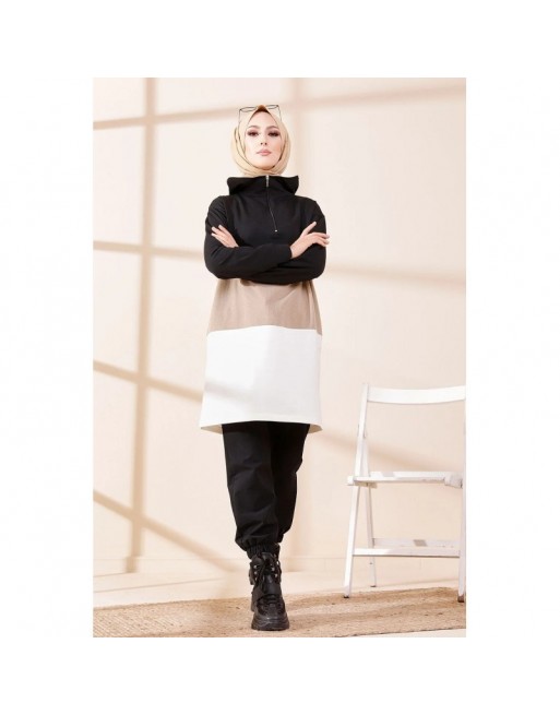Tunique à capuche tricolore (Vêtement décontracté moderne pour femme voilée) - Couleur noir, blanc et vison 