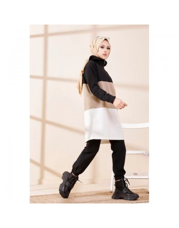 Tunique à capuche tricolore (Vêtement décontracté moderne pour femme voilée) - Couleur noir, blanc et vison 