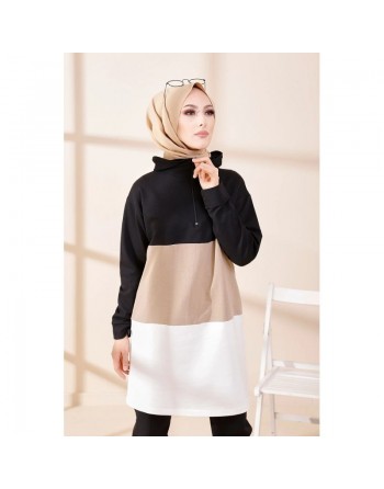 Tunique à capuche tricolore (Vêtement décontracté moderne pour femme voilée) - Couleur noir, blanc et vison 