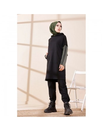 Tunique bicolore avec capuche pour femme (Hijab moderne et style décontracté) - Couleur noir et kaki 
