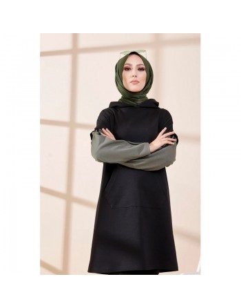 Tunique bicolore avec capuche pour femme (Hijab moderne et style décontracté) - Couleur noir et kaki 