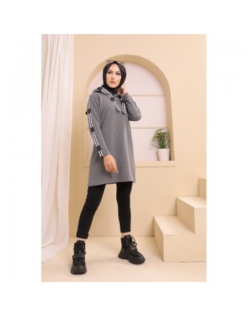 Sweatshirt long avec capuche style moderne décontracté et sport (Vêtement femme musulmane) - Couleur gris foncé 