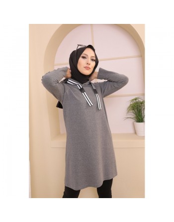 Sweatshirt long avec capuche style moderne décontracté et sport (Vêtement femme musulmane) - Couleur gris foncé 