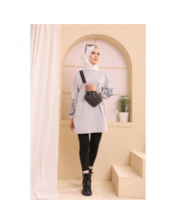 Tunique décontractée avec manches à motif fleurs pour femme (Tenue Hijab moderne) - Couleur gris clair 