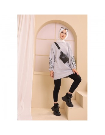 Tunique décontractée avec manches à motif fleurs pour femme (Tenue Hijab moderne) - Couleur gris clair 