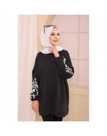 Tunique décontractée avec manches à motif fleurs (Tenue Hijab pour femme musulmane) - Couleur noir 