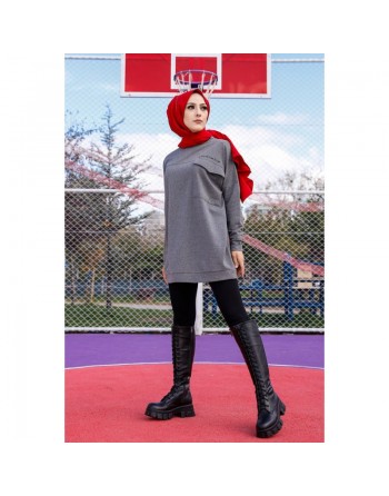 Tunique décontractée ample avec grande poche (Sweat femme Hijab) - Couleur gris foncé 