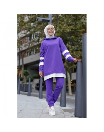 Survêtement femme deux pièces bicolore à capuche (Ensemble sport hijab pas cher) - Couleur violet avec bandes blanches 