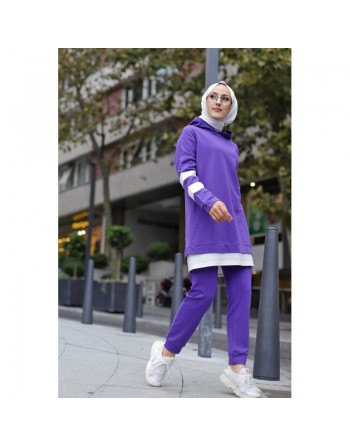 Survêtement femme deux pièces bicolore à capuche (Ensemble sport hijab pas cher) - Couleur violet avec bandes blanches 
