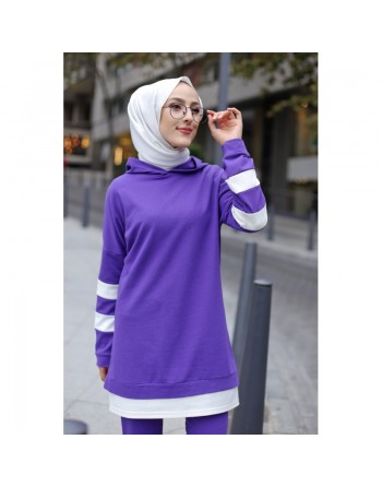 Survêtement femme deux pièces bicolore à capuche (Ensemble sport hijab pas cher) - Couleur violet avec bandes blanches 
