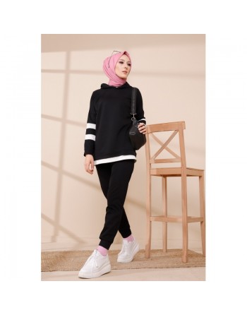 Survêtement femme deux pièces bicolore à capuche (Ensemble sport hijab pas cher) - Couleur noir avec bandes blanches 