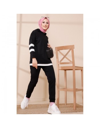 Survêtement femme deux pièces bicolore à capuche (Ensemble sport hijab pas cher) - Couleur noir avec bandes blanches 