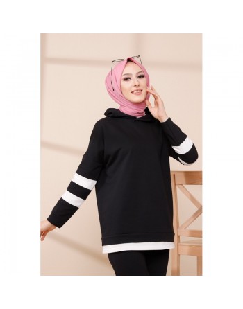 Survêtement femme deux pièces bicolore à capuche (Ensemble sport hijab pas cher) - Couleur noir avec bandes blanches 