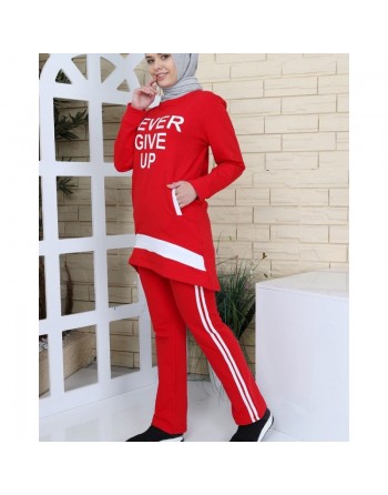 Survêtement femme "Never Guive Up" (Tenue Hijab sport) - Couleur rouge et blanc 