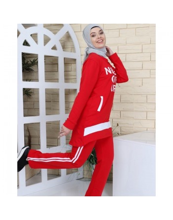 Survêtement femme "Never Guive Up" (Tenue Hijab sport) - Couleur rouge et blanc 