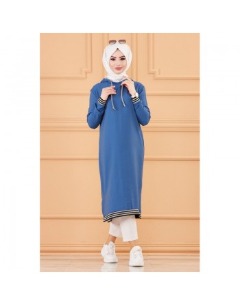 Tunique avec capuche (Tenue style Sportswear pour femme musulmane) - Couleur bleu indigo 