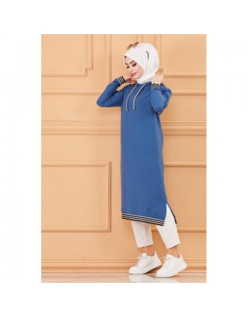 Tunique avec capuche (Tenue style Sportswear pour femme musulmane) - Couleur bleu indigo 