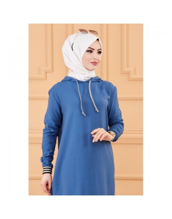 Tunique avec capuche (Tenue style Sportswear pour femme musulmane) - Couleur bleu indigo 