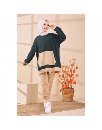 Tunique ample avec grandes poches et liens de serrage - Couleur vert émeraude et beige 