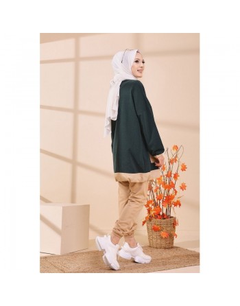 Tunique ample avec grandes poches et liens de serrage - Couleur vert émeraude et beige 