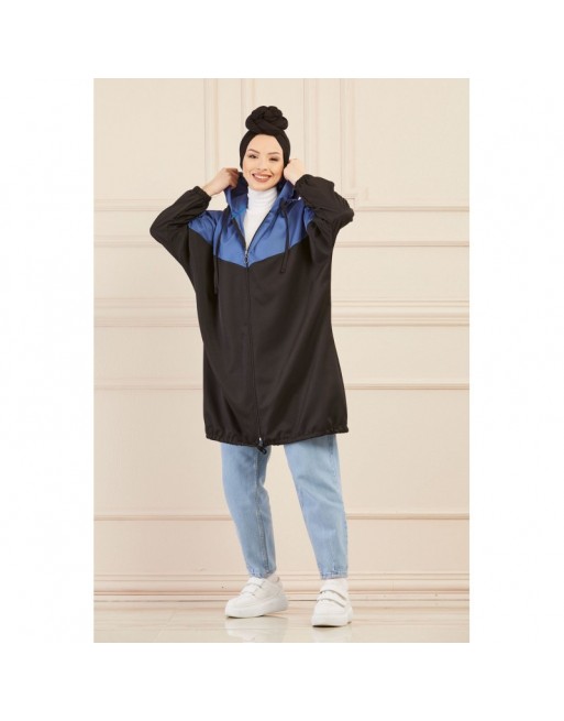 Veste décontractée pour femme - Tunique sport large avec capuche - Couleur noir et bleu indigo Veste décontractée pour femme - Tunique sport large avec capuche - Couleur noir et bleu indigo