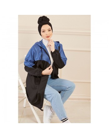 Veste décontractée pour femme - Tunique sport large avec capuche - Couleur noir et bleu indigo 