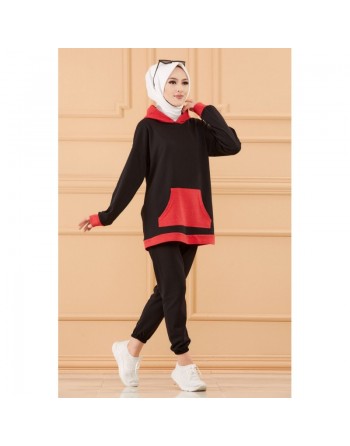 Ensemble survêtement décontracté (Vêtement de sport pour femme voilée) - Tunique couleur noir et pantalon rouge 