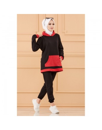 Ensemble survêtement décontracté (Vêtement de sport pour femme voilée) - Tunique couleur noir et pantalon rouge 