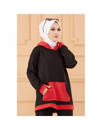 Ensemble survêtement décontracté (Vêtement de sport pour femme voilée) - Tunique couleur noir et pantalon rouge 