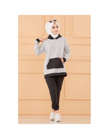 Ensemble survêtement décontracté (Vêtement sport femme voilée) - Couleur gris clair et foncé 