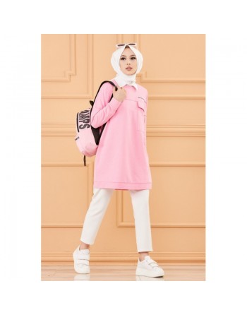Tunique décontractée avec grande poche (Sweat femme Hijab) - Couleur rose 