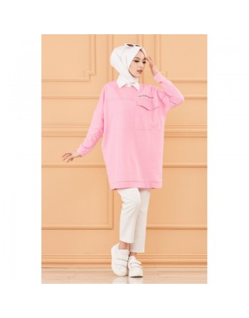 Tunique décontractée avec grande poche (Sweat femme Hijab) - Couleur rose 
