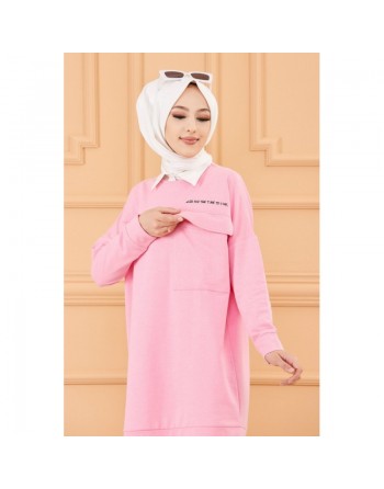 Tunique décontractée avec grande poche (Sweat femme Hijab) - Couleur rose 