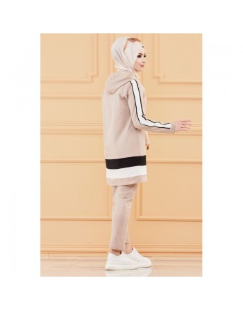 Ensemble décontracté pour femme : Tunique à capuche et Pantalon (Vêtement de sport pour musulmane) - Couleur beige 